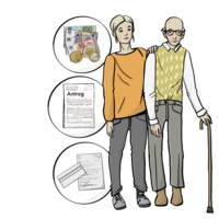 Eine Frau legt die Hand auf die Schulter eines älteren Mannes. Neben dem Bild sind drei Kreise. In den Kreisen sind Geld, ein Antrag und ein Brief. 