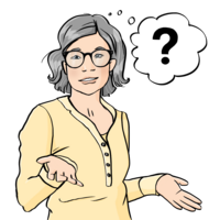 Eine Frau schaut fragend. Sie hält die Hände neben dem Körper, die Handflächen zeigen nach oben. Neben der Frau ist eine Denkblase mit einem Fragezeichen. 