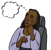 Eine Frau im Rollstuhl mit einer Denkblase. Sie schaut nachdenklich.