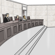 Eine Gerichtssaal. Auf den Richterstühlen sitzen zwei Richter und eine Richterin.